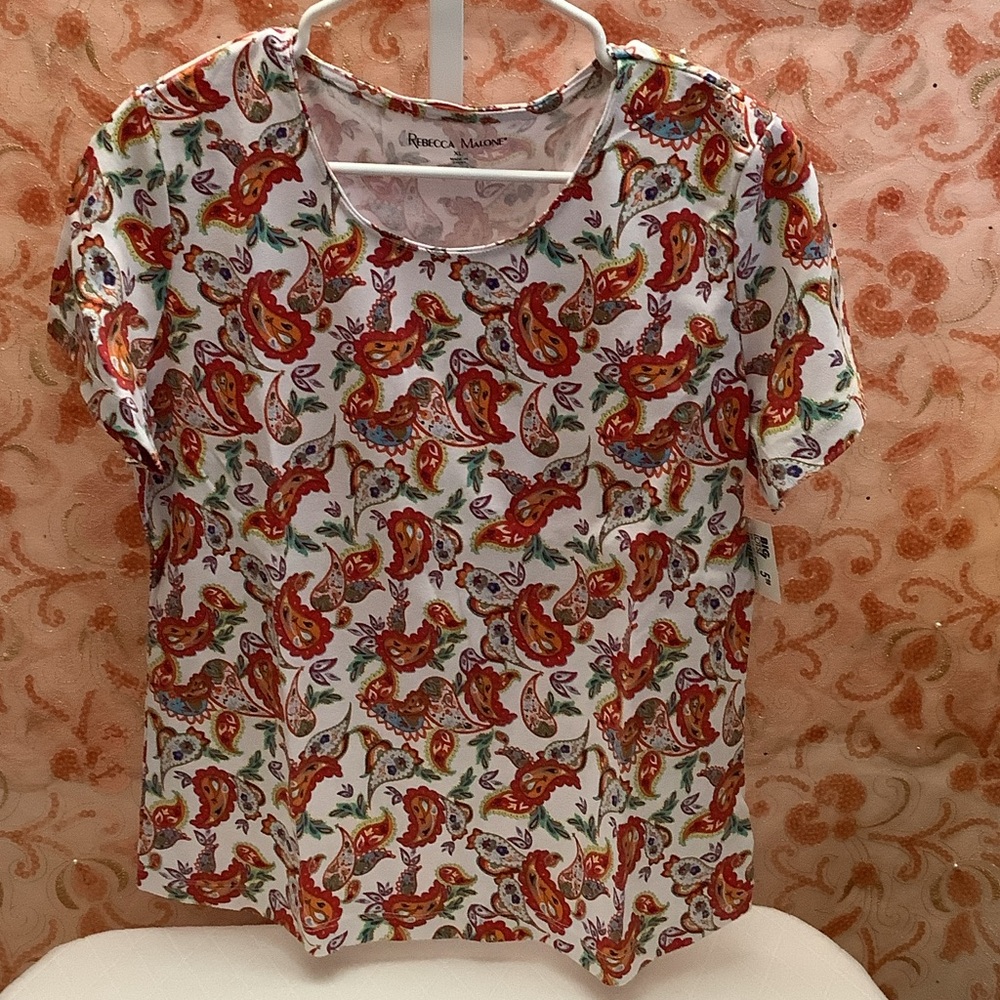 Rebecca Malone Red and Green Paisley Short Sleeve Tee